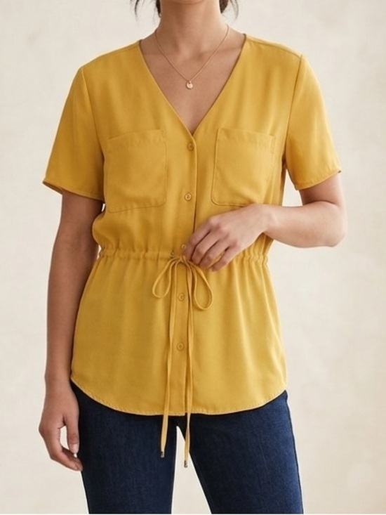 Dynamite Tops - Dynamite Mustard Yellow V Neck Peplum Drawstring Blouse Size Large